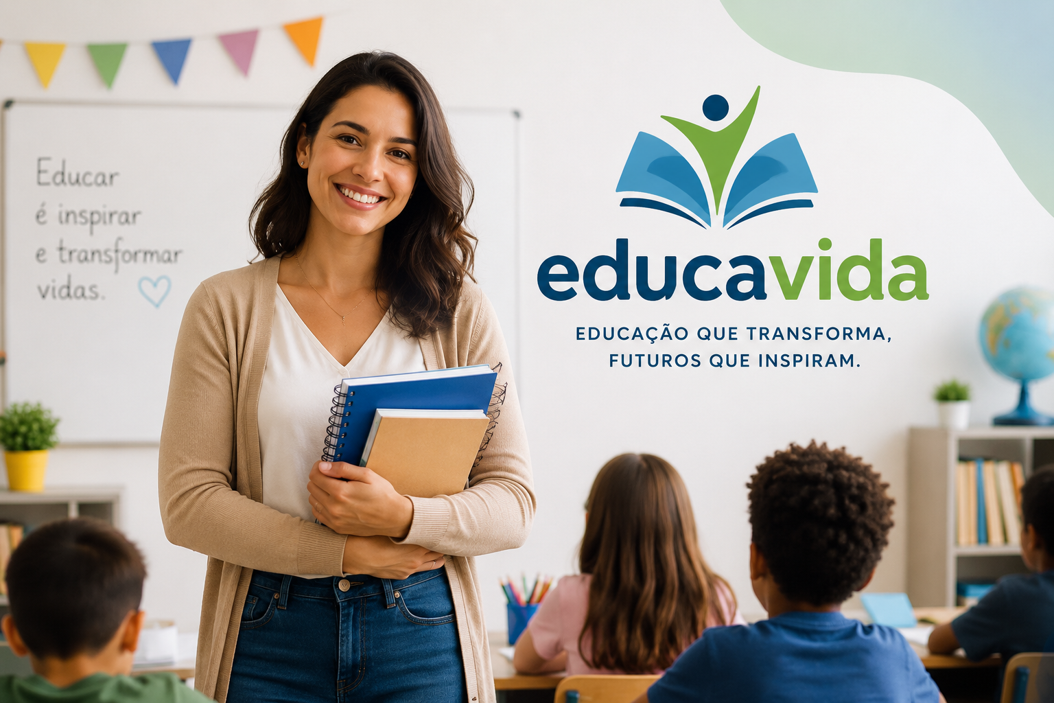 Professora brasileira sorrindo ao lado do logo Educavida em uma sala de aula com alunos
